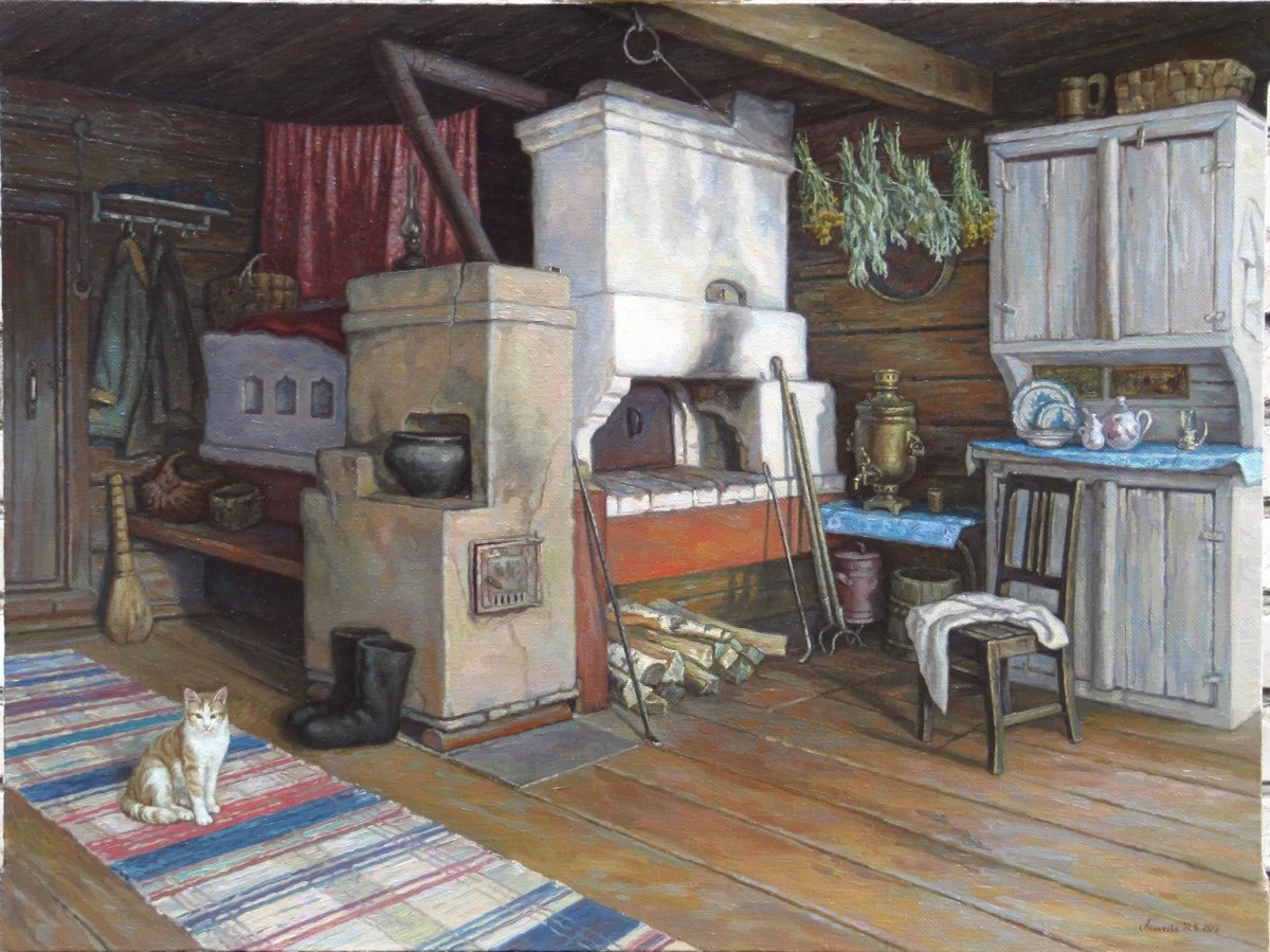 Русская печь с подтопком в деревянной избе  Фото. Картинка. Фотография